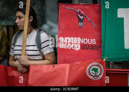 AMBASCIATA BRASILIANA, LONDRA, Regno Unito – 5 agosto 2025: I manifestanti si riuniscono fuori dall’ambasciata brasiliana invitando il presidente Lula a porre il veto alla cosiddetta “legge sulla devastazione”, che secondo loro minaccia i diritti indigeni, indebolisce le protezioni ambientali e accelererà la deforestazione in Amazzonia. Organizzata da Brazil Matters, la protesta ha usato rumore, striscioni e azioni simboliche per attirare l'attenzione sul potenziale impatto del disegno di legge sulla biodiversità, sulle comunità indigene e sul clima globale. Foto Stock
