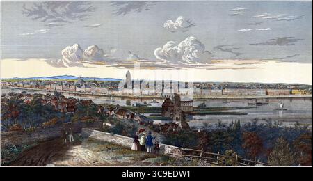 Storica incisione in acciaio intitolata Frankfurt A/M., creata dall'artista H. Worms intorno al 1845. La vista panoramica da Sachsenhäuser Berg si affaccia sul meno e sulla città di Francoforte sul meno, in Germania. La scena include luoghi di interesse come l'alte Brücke, l'alte Stadtbibliothek, Mainkai, Saalhof, Leonhardskirche, Untermaintor, e le guglie di diverse chiese storiche, con i monti Taunus in lontananza. Foto Stock