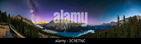 13 ottobre 2022, Alberta, Canada: Questo è un panorama del lago Peyto nel Parco Nazionale di Banff, sulla Icefields Parkway in Alberta, scattato all'alba in una serata molto chiara e mite a metà ottobre. Il lago alimentato dai ghiacciai appare il suo caratteristico blu anche se illuminato dalla luce delle stelle. Non è mescolato da un precedente tiro di ''ora blu''... a sud-ovest a sinistra c'è la via Lattea estiva sul ghiacciaio Peyto e sul Peyto Peak. A ovest al centro si trova Arcturus che si trova sopra il Caldron Peak, mentre a nord a sinistra del centro si trovano le stelle del Big Dipper e dell'Ursa Major. All'estrema destra, nel cielo azzurro illuminato dalla luna, Foto Stock