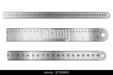 Set di righelli in metallo. Righelli a doppia misurazione con scala metrica e imperiale di precisione. 12 pollici, 40 centimetri, 30 centimetri e scala di markup mista Illustrazione Vettoriale