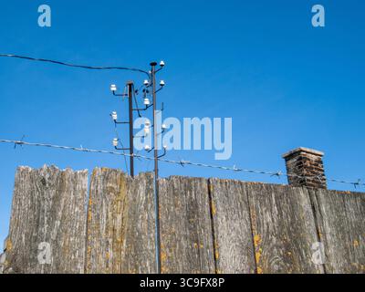 Vecchia recinzione in legno con isolanti elettrici in ceramica e filo spinato contro il cielo azzurro, simbolo di sicurezza e accesso limitato Foto Stock