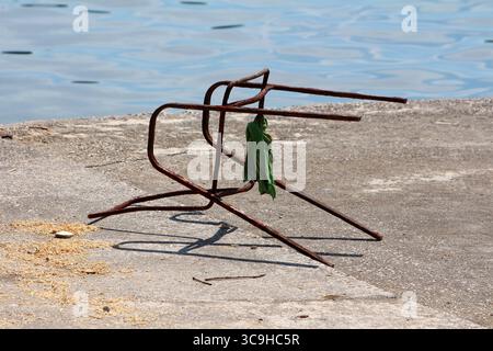 Il telaio della sedia in metallo corroso si trova su cemento incrinato vicino a acque blu calme, con un pezzo di tessuto verde incastrato sulle sue barre arrugginite Foto Stock