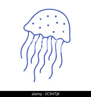 Meduse in stile arte marina Blue line. Icona nautica disegnata a mano. Illustrare l'illustrazione isolata del vettore. Illustrazione Vettoriale