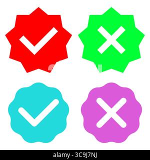 Raccolta di badge di verifica. Segni di spunta sui simboli dei segni di croce. Icone di selezione colorate. Grafico di approvazione del vettore. Illustrazione Vettoriale
