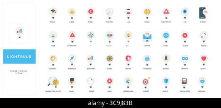 Set di icone di lampadine piatte che rappresentano diversi concetti moderni come tecnologia, business, istruzione e creatività, ognuna con simboli minimalisti unici, illustrazione vettoriale isolata Illustrazione Vettoriale