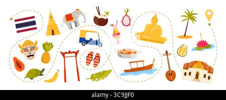 Viaggia verso la Thailandia, gli elementi culturali tailandesi e i templi buddisti, il cibo e le vacanze al mare lungo il percorso turistico intorno al paese. Barca a coda lunga e candela Loy Krathong, illustrazione vettoriale di cartoni animati durian Illustrazione Vettoriale