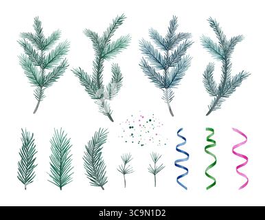 Questa collezione di rami di pino e spirali colorate è perfetta per feste e celebrazioni artistiche. Illustrazioni isolate ad acquerello per decorazioni natalizie. Foto Stock