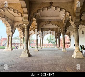 Regal Interiors - alla scoperta della magnifica bellezza di Diwan-i-Am (sala del pubblico) nel forte di Agra, Agra, India Foto Stock