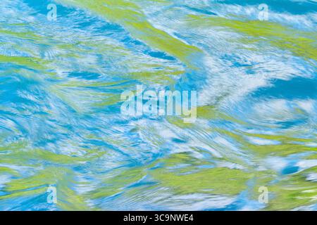 Superficie d'acqua sul fiume che riflette il cielo e il fogliame. Foto Stock