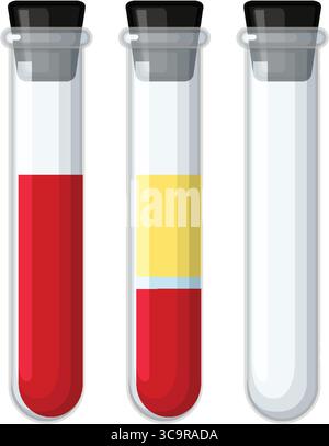 Illustrazione vettoriale di tre provette di analisi che mostrano sangue intero, plasma e cellule separati e una provetta vuota, in uno stile pulito e piatto Illustrazione Vettoriale
