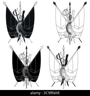 Bandiera del Venezuela con armi di indipendenza, simbolo di indipendenza del Venezuela con spada, lancia, machete, arco, freccia con due bandiere unite Illustrazione Vettoriale