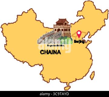 Illustrazione vettoriale della mappa della Cina che evidenzia Pechino e la grande Muraglia. I colori semplici e la composizione chiara migliorano l'aspetto visivo Illustrazione Vettoriale