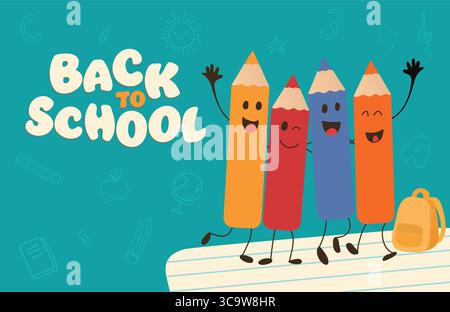 Torna a scuola con felici matite a cartoni animati che celebrano l'apprendimento il primo giorno di scuola Illustrazione Vettoriale