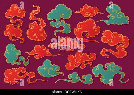 Cloud Collection in stile disegnato a mano giapponese e cinese. Tradizionale nuvola rossa ondulata asiatica e verde acqua con contorno dorato. Elegante set decorativo Illustrazione Vettoriale