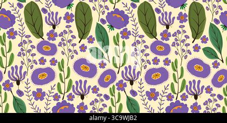 Fiori viola motivo senza cuciture con foglie verdi. Design floreale stravagante su sfondo giallo chiaro con elementi botanici giocosi. Femminile Illustrazione Vettoriale