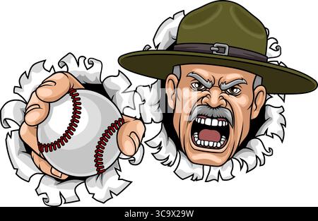 Istruttore di perforazione Sergente Bootcamp Baseball Mascotte Illustrazione Vettoriale