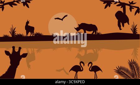 Tramonto africano con silhouette di animali selvatici Illustrazione Vettoriale