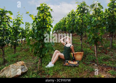 Donna che si gode un picnic e vino in un vigneto soleggiato, raccogliendo uva durante le vacanze estive. Foto Stock