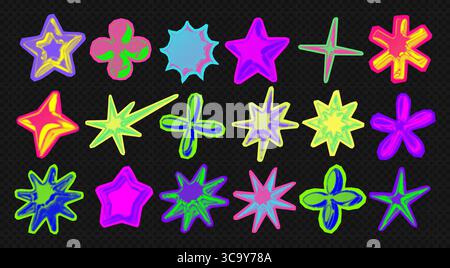 Colori al neon punk 3d Y2K cromo chiaro mezzitoni forma a stelle retrò, set di adesivi per illustrazioni vettoriali astratte. Illustrazione Vettoriale