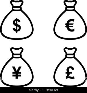 Borsa portamonete con vari simboli di valuta Illustrazione Vettoriale