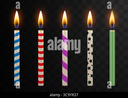 Set di candele di compleanno Vector 3d realistiche in paraffina o cera. Modello di progettazione. Illustrazione vettoriale Illustrazione Vettoriale