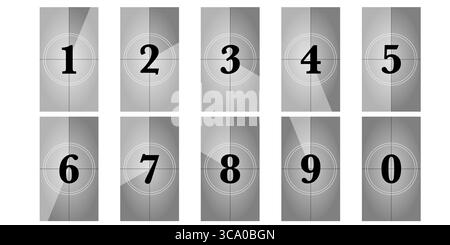 Disegno con conto alla rovescia della pellicola verticale in rapporto 9x16. Inquadrature di leader della fotocamera rétro con numeri del timer. Animazione con vecchio proiettore cinematografico per video mobili e social network Illustrazione Vettoriale