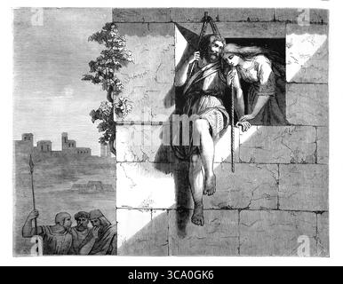 Illustrazione del Salmo LIX David che scappava da una finestra mentre i soldati di Saul erano in attesa di lui dall'Antico XIX secolo, la Sacra Bibbia contai Foto Stock
