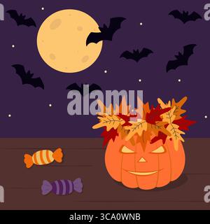 Graziosa zucca di Halloween con ghirlanda di foglie d'autunno sullo sfondo del cielo notturno con Full Moon e Fly Bats. Illustrazione vettoriale auguri per le festività natalizie di Halloween poster, opuscolo, banner Illustrazione Vettoriale