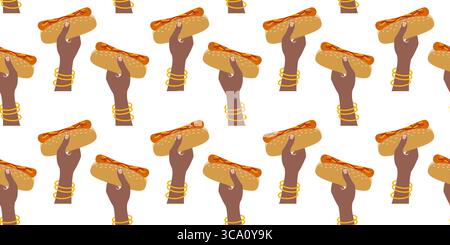 Le mani femminili in pelle scura con braccialetti trattengono lo stagno del giorno del fast food con motivo senza cuciture Hot Dog. Illustrazione del vettore isolato schede di menu, prezzo e opuscoli relativi a Fast Food o Hot Dog Day Illustrazione Vettoriale