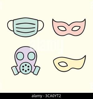 Quattro icone color pastello che mostrano una maschera chirurgica, una maschera per gli occhi di carnevale, un respiratore semifacciale e una maschera decorativa. Illustrazione Vettoriale