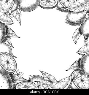 Illustrazione vettoriale della cornice di limone con frutta, fette, fiori e foglie. Composizione con inchiostro nero inciso del bordo con Limes. Disegno lineare per branding, packaging o inviti. Illustrazione Vettoriale