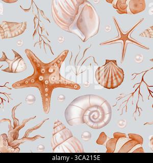 Mare arancione beige senza cuciture con conchiglia e Perle e pesci su sfondo isolato. Ornamento ad acquerello vintage disegnato a mano con alghe marine e. Foto Stock