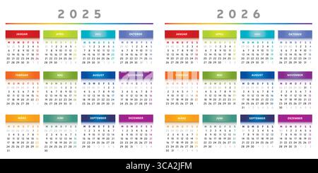 2025 e 2026 calendari con scatole in colori arcobaleno 4 colonne - tedesco Illustrazione Vettoriale