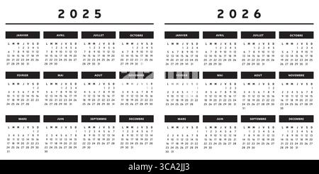 2025 e 2026 calendari con scatole in bianco e nero 4 colonne - francese Illustrazione Vettoriale