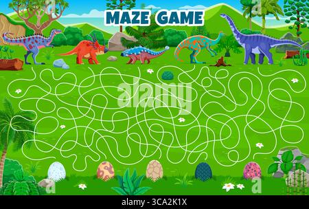 Gioco labirinto per bambini, aiuta le madri a trovare le uova. Trova il foglio di lavoro vettoriale del gioco a quiz per bambini, l'enigma del percorso di ricerca o il labirinto con dinosauri cartoni animati mamme personaggi divertenti e uova Illustrazione Vettoriale