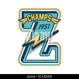 Patch sport Varsity con lettera z, emblema retro college champs con fulmine e anno 1951. Vector con etichetta vintage, badge atletico o t shirt stampata con un'atmosfera di squadra sportiva ed energica Illustrazione Vettoriale