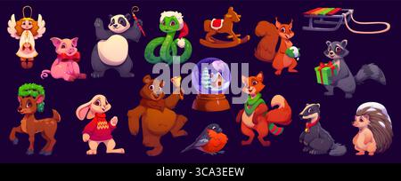 Personaggi animati di Natale. Set vettoriale festivo di volpi, panda, angelo, renne, coniglio, raccoon, orso e serpente. Maiale, riccio, scoiattolo con oggetti di scena per le vacanze come slitta, globo di neve e regalo Illustrazione Vettoriale