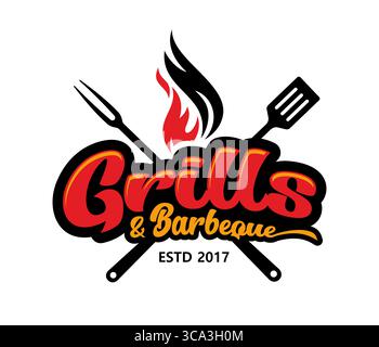 Icona barbecue barbecue, emblema vettoriale isolato per festeggiare il barbecue. Etichetta nera e rossa con spatola incrociata, utensili a forchetta e fiamma tagliafuoco. Insegna per l'evento di cucina, picnic sulla natura Illustrazione Vettoriale