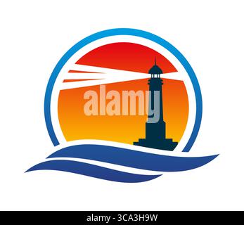 Icona faro e faro. Emblema rotondo vettoriale con cielo arancione al tramonto, silhouette faro e raggi luminosi radiosi, racchiuso in uno sfondo circolare con onde blu sottostanti per un'identità marina costiera Illustrazione Vettoriale