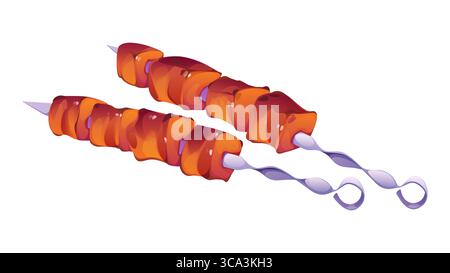 Spiedini di carne alla griglia con succosi pezzi arrostiti su bastoncini di metallo ritorti. Gustoso piatto barbecue, kebab su sfondo bianco. Processo di cottura vettoriale, cucina il cibo per barbecue e picnic all'aperto Illustrazione Vettoriale