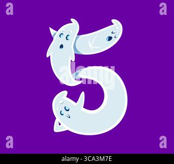 Carattere carino carino del cartone animato fantasma a 5 cifre con font Halloween. Mostro di Halloween mascotte font typeset figure o fantasma divertente numero personale o alfabeto latino vettore a cinque cifre, simbolo numerico ABC inglese Illustrazione Vettoriale