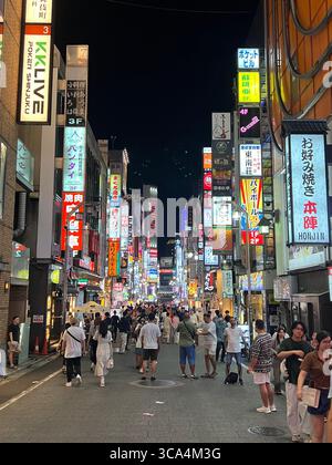 Il battito cardiaco al neon di Tokyo: Strade animate da cartelli luminosi, folle affollate e la vibrante energia dell'indimenticabile vita notturna giapponese. Foto Stock