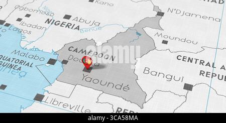 Camerun, Yaounde - spilla con bandiera nazionale sulla mappa politica - illustrazione 3D. Foto Stock