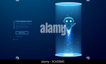 Il robot AI decolla un portale luminoso. Simpatico personaggio chatbot digitale Illustrazione Vettoriale