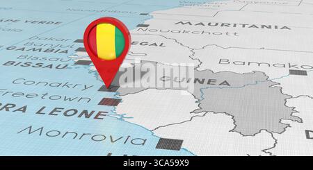 Guinea, Conakry - spilla con bandiera nazionale sulla mappa politica - illustrazione 3D. Foto Stock