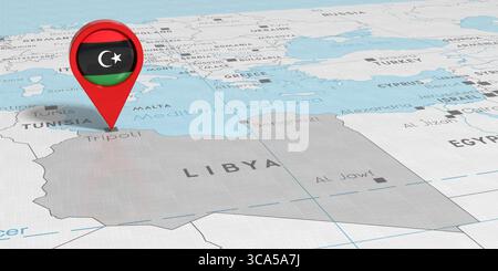 Libia, Tripoli - spilla con bandiera nazionale sulla mappa politica - illustrazione 3D. Foto Stock