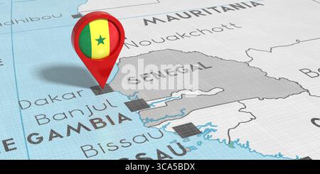Senegal, Dakar - spilla con bandiera nazionale sulla mappa politica - illustrazione 3D. Foto Stock