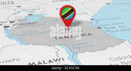 Tanzania, Dodoma - spilla con bandiera nazionale sulla mappa politica - illustrazione 3D. Foto Stock