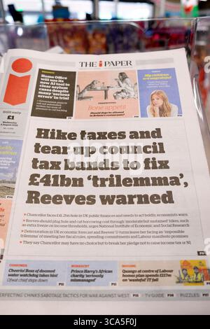 "Aumentare le tasse e abbattere le fasce fiscali del consiglio per fissare 41 miliardi di sterline " trilemma, (Rachel) Reeves avverte iPaper in prima pagina del giornale il 6 agosto 2025 Londra Regno Unito Foto Stock