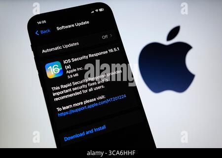 10 luglio 2023, Asuncion, Paraguay: Apple rilascia iOS Security Response 16.5.1 (a) su iPhone. Apple ha rilasciato aggiornamenti alle risposte Rapid Security per iOS 16.5.1 e iPadOS 16.5,1. "Apple è a conoscenza di un rapporto che indica che questo problema potrebbe essere stato attivamente sfruttato", afferma negli avvisi iOS e iPadOS quando descrive la vulnerabilità CVE-2023-37450 segnalata da un ricercatore anonimo sulla sicurezza. (Immagine di credito: © Andre M. Chang/ZUMA Press Wire) Foto Stock